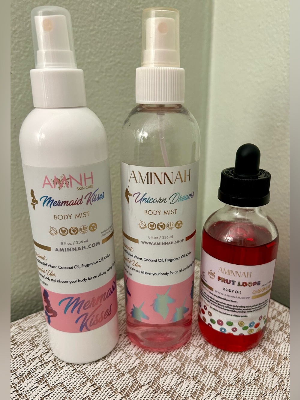 Aminnah Mermaid Kisses, Unicorn Dreams, Fruit Loops Body Oil Trio Set -